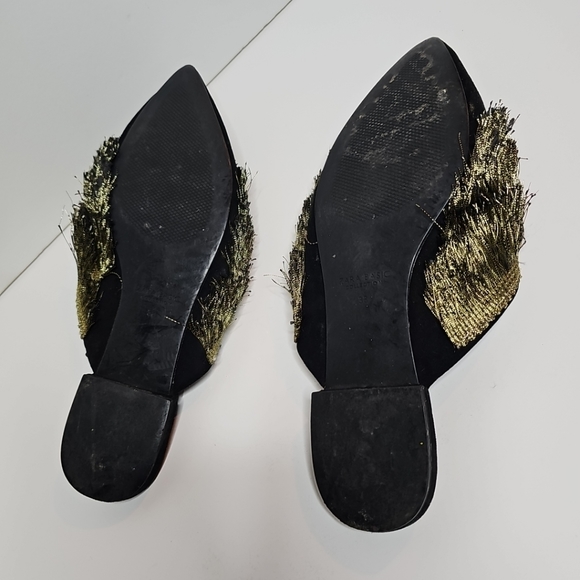 Zara Pointy-Toe Flat Mules with Fringe Black/Gold, Size 38 - Picture 6 of 16